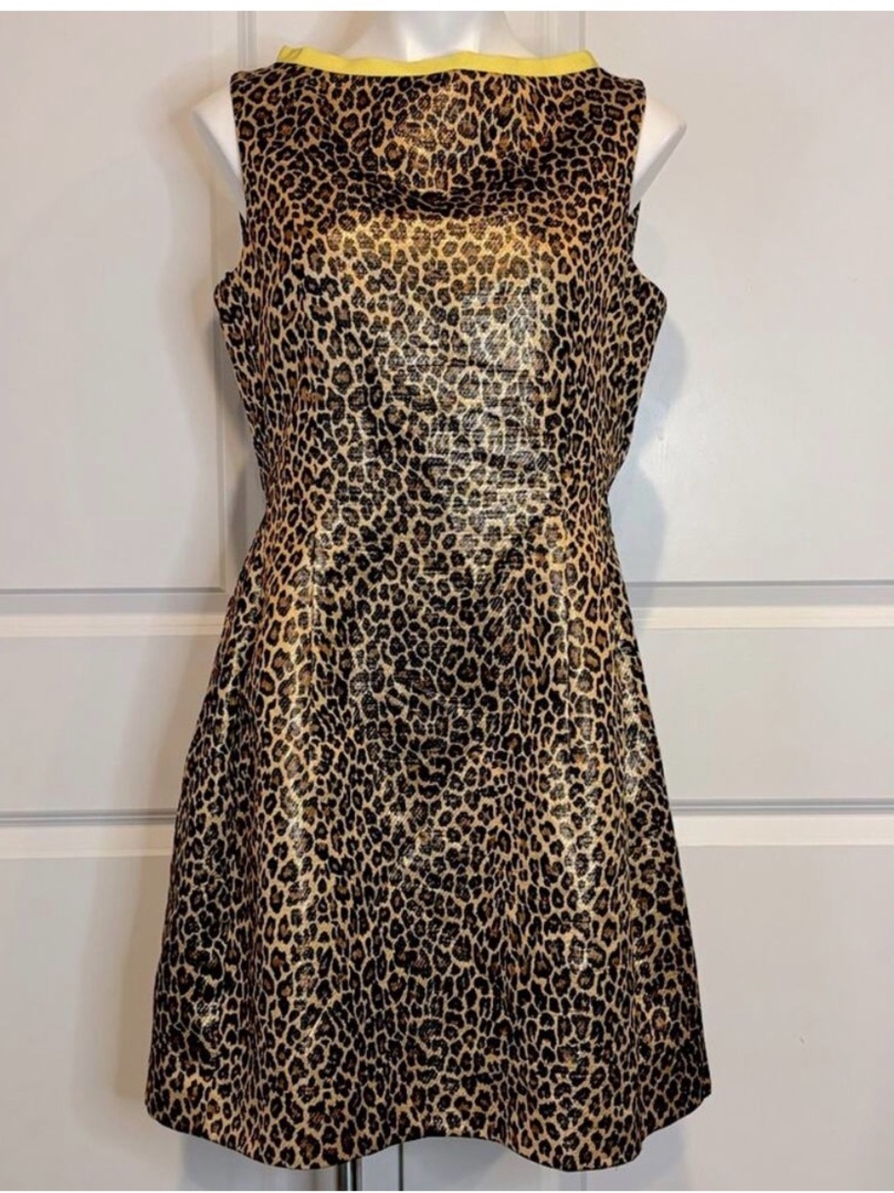 MSGM Sleeveless Leopard Print A-Line Dress with Yellow Trim